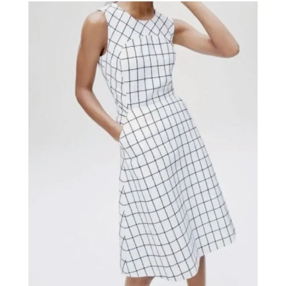 J.Crew Windowpane Tweed Dress Ivory Navy Size 6 Fit Flare